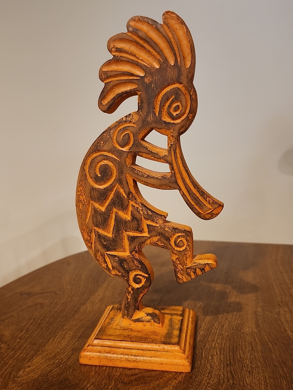 Rustic Orange Kokopelli Wooden Sculpture - Home Art Accent